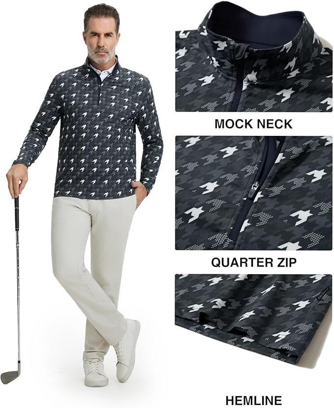 M MAELREG Quarter Zip Golf Pullover Men Dry Fit Long Sleeve Performance Wicking 1/4 Zip Full Print Pullover Mens Sweatshirt