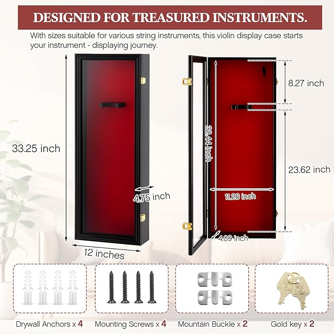33.25'' Violin Display Case with Bow Holder and Lock Violin Case Hanger Stand Wall Mounted Shadow Box for Guitar Fiddle Ukulele with Acrylic Transparent Door for Christmas Collector Gift