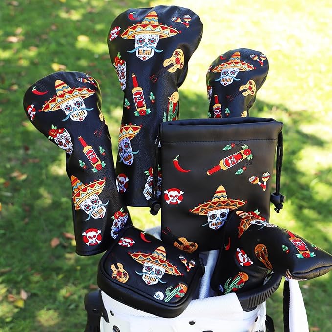Golf Club Headcover for Drivers, Fairway Woods, Hybrids, and Mallet Blade Putter Sugar Skull Style Premium Leather Golf Headcovers Set with Interchangeable No. Tags