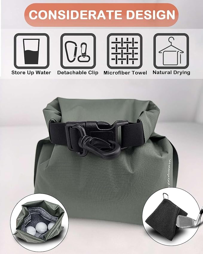 Golf Club and Ball Cleaning Pouch with Attached Towel, Waterproof Cleaning Bag for Cleaning Club Grooves, can Store Water, Detachable Clip