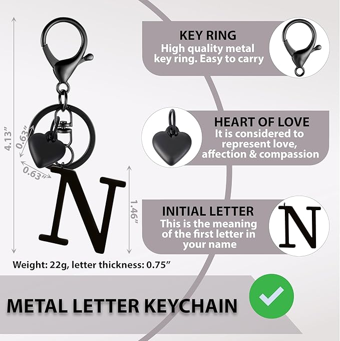 Metal Heart Alphabet Keychain for Women, Girls - Cute Initial Letter Accessories for Purse, Bag Charms and Backpack