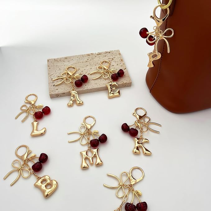 Gold Bubble Heart, Cherry, Bow & More Designs Letter Initial Keychain Bag Charms – Cute Purse Charms for Handbags