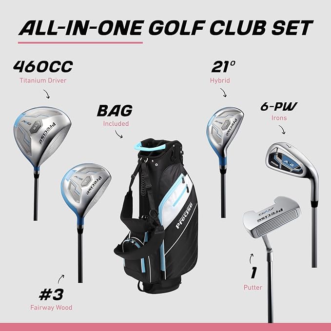 Precise AMG Complete Womens Golf Clubs Set, Includes Driver, Fairway, Hybrid, 6-PW Irons, Putter, Stand Bag, 3 H/C's, Golf Clubs Women Right Handed, Regular & Petite Sizes