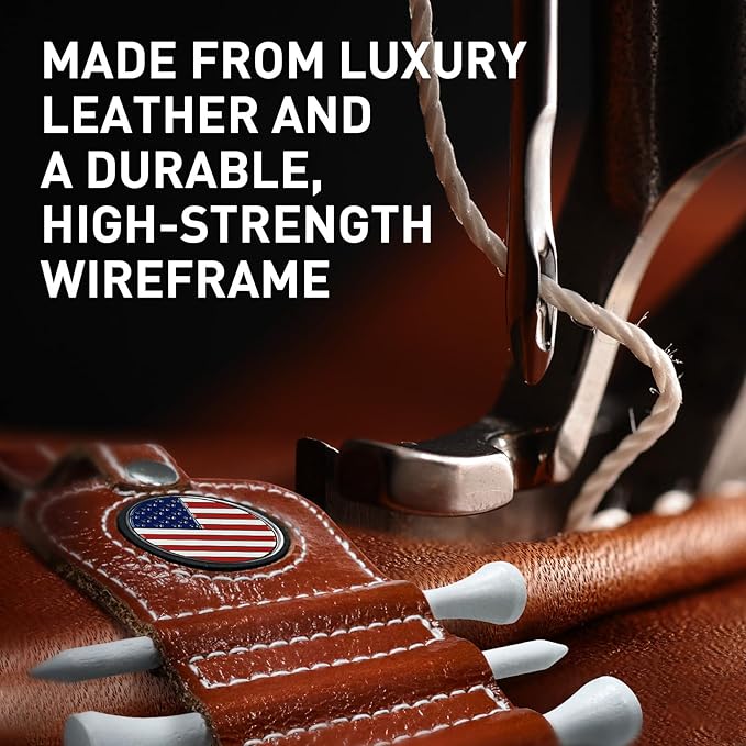 Golf Tee Holder with USA Ball Marker 4 Pcs White Wood Tees, Portable Hold Different Tee Leather Gift Hook Hanging Clip to Golf Bag Belt