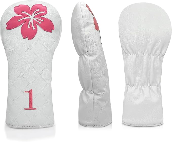 Grid Cherry Blossom Design Golf Covers PU Headcovers Set Fits Driver Fairway Wood Hybrid Utility Woods Iron Wedge Headcover, Premium Leather Golf Headcovers