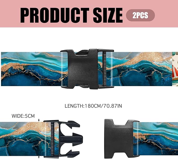 Nuxovilar Luggage Straps of 2 Set Blue & Gold Fluid Art Pattern, 1.96x90.5 inches - Luggage Straps for Suitcases, Nice for Art Lovers, Travel, Adventures