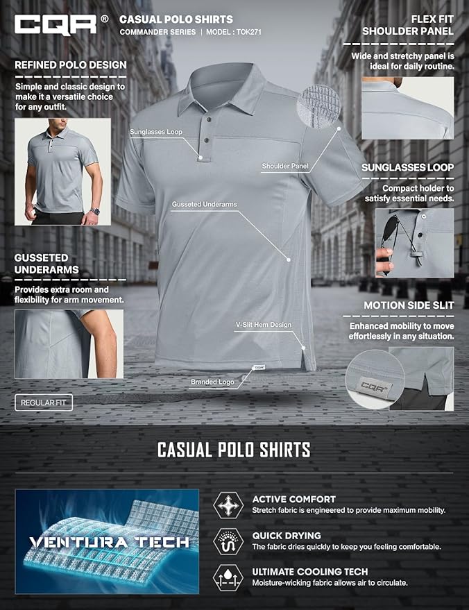 CQR Men's Polo Shirts, Tactical Short Sleeve Golf Performance Shirts, Lightweight Dry Fit UPF 50+ Pique