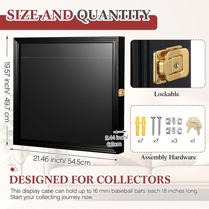 18" Mini Baseball Bat Display Case Wall Mounted Cabinet Holder Rack UV Protection Display Shadow Boxes with Acrylic Transparent Door Holder Holds up to 16 Bats for Collector Memorabilia Gift