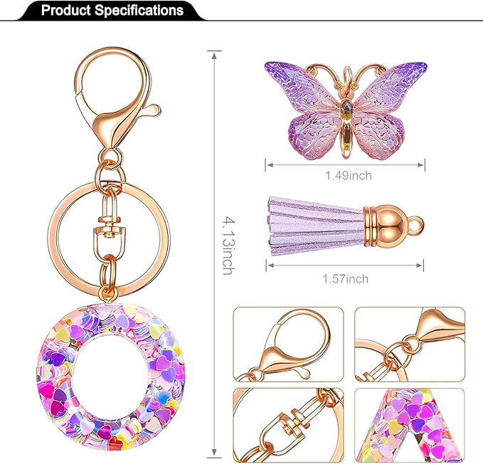 JINGUAZI Initial letter Keychains for Women Tassel Butterfly Pink Purple Cute Car Keychain for Wallet Backpack bag charm