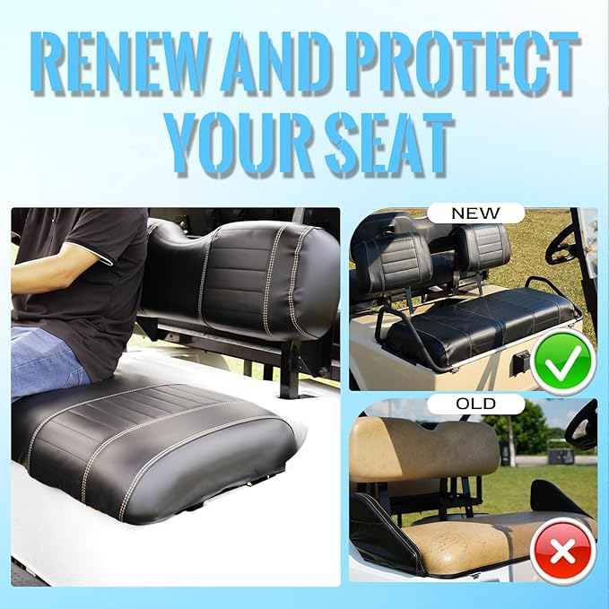 Golf Cart Seat Covers fits Club Car Precedent/DS/EZGO RXV/TXT/Yamaha Front Rear Seat Cushion，Black Leather Custom Stripe Soft Comfortable/Anti-Scratch/Easy to Clean