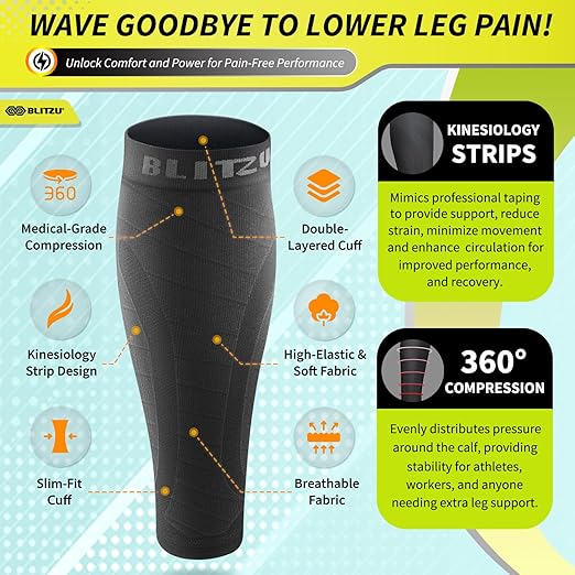BLITZU 3 Pairs Calf Compression Sleeves for Men and Women. Footless Compression Socks & Leg Support for Running, Travel, Nursing, Fitness. Shin Splints Pain Relief & Reduce Swelling Black XXL