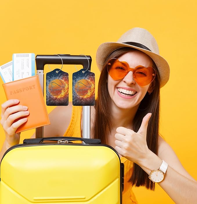 TSA Approved Luggage Tags for Suitcases Basketball Water and Fire 2 Pack Funny Leather Carnival Cruise Airport Cute Travel Name Tags Golf Bag tag Ships Essentials Privacy Cover ID Label for Women Men
