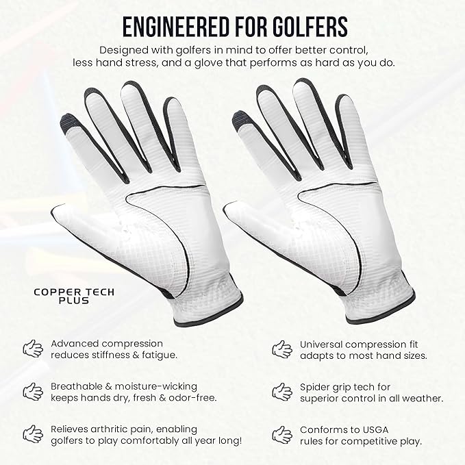Copper Infused Golf Glove for Men – White/Black – 2 Pack – Compression Fit, Arthritis Relief, Non-Slip Grip – USGA Approved