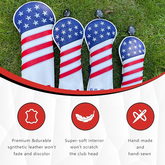 Golf American Style Head Cover Golf Club Blue and White Leather Headcovers Set Fits Driver Fairway Wood Hybrid Utility Putter Iron Wedge Headcover.