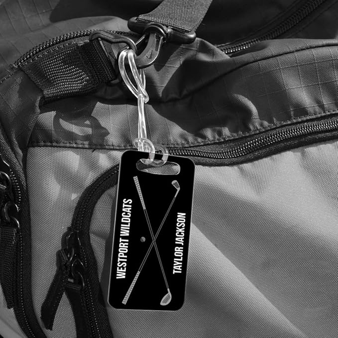 ChalkTalkSPORTS Golf Luggage & Bag Tag | Personalized Crossed Golf Clubs | Standard Lines on Back | Small | Black/Gray