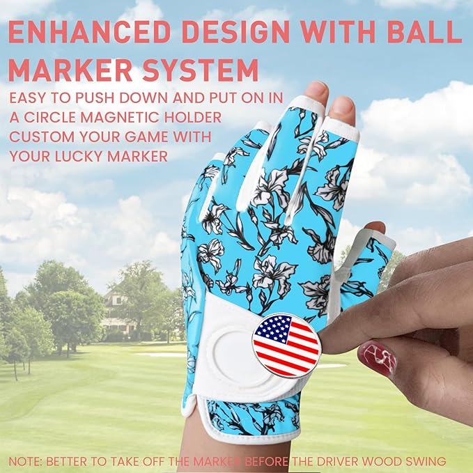 Golf Gloves Women with Ball Marker 2 Pack, Right Handed Golfer Left Hand, Ladies Breathable Soft All Weather Grip Glove Fit Size Small Medium Large XL