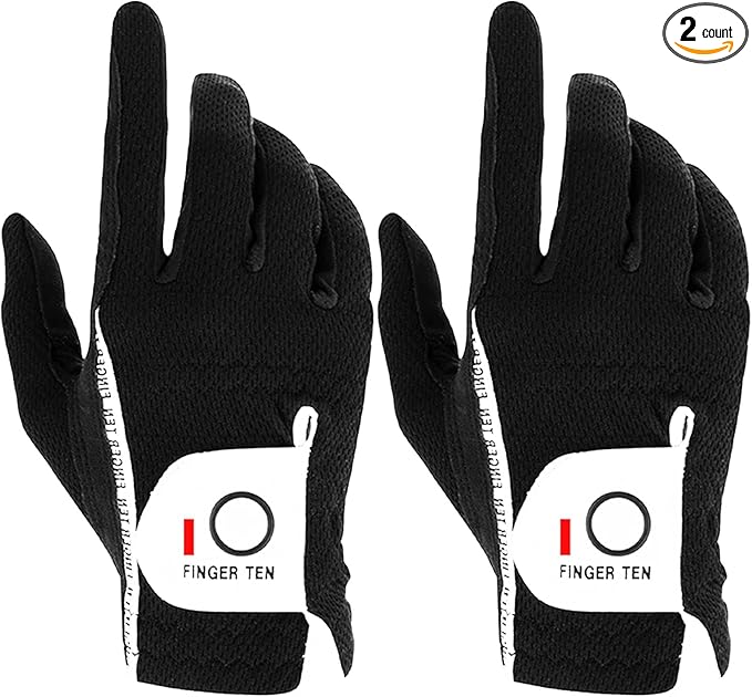 FINGER TEN Men's Golf Gloves for Right Left Handed Golfer Rain Grip Value 2 Pack, Golf Glove for Left or Right Hand Hot Wet Weather No Sweat Black Gray White Blue