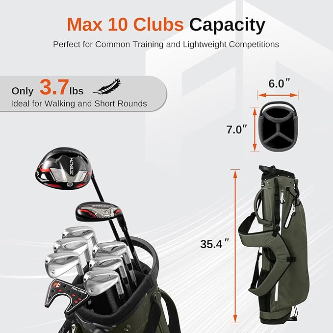 Lightweight Golf Stand Bag, 4-Way Full-Length Dividers, Holds Up to 10 Clubs, 3.7 lbs Golf Bag with Dual Straps & Stand for Driving Range, Par 3, and Standard Courses
