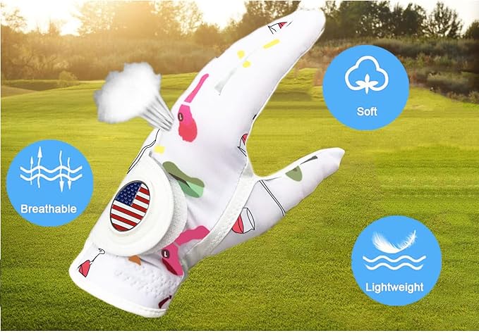Amy Sport Womens Golf Glove with Ball Marker Rain Left Right Hand Leather Printed Pack, Ladies Golf Gloves All Weather Grip Breathable Soft Size Small Medium Large XL