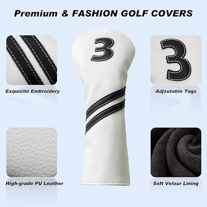 Golf Club Covers,4pcs or 1pc Golf Headcovers for Woods and Driver Fairway Hybrids Women Men - Premium PU Leather with Interchangeable Tags & Magnetic Blade and Mallet Putter Covers