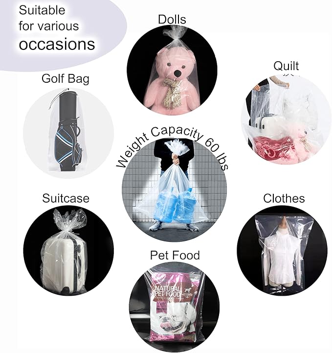 2 Pack Golf Bag Cover, 31x62 inches Extra Large Clear Drawstring Dust Covers Plastic Storage Bags, Good for Household Organizing Reusable