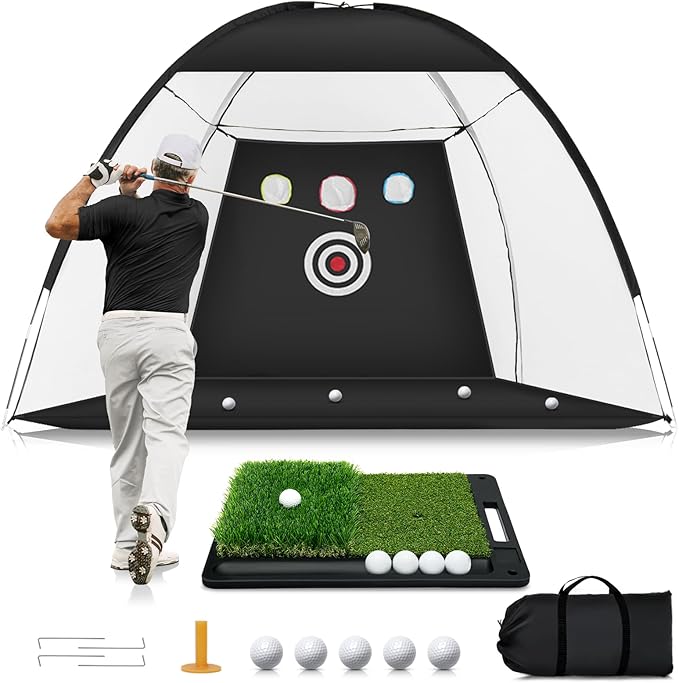 Golf Net with Heavy-Duty Hitting Mat for Indoor & Outdoor Golf Hitting Chipping Swing Driving Practice, Mult-Targets 10x7ft Practice Nets for Backyard Driving, Gifts for Men Dad Husband Golfers