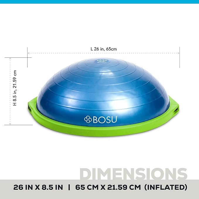 Bosu Balance Ball Exercise Trainer, Home Gym Equipment w/ Guided Workouts & Pump, 26", Blue - Inflatable Fitness Platform for Strength Training, Standing, Balancing, and Core Workout