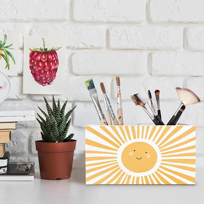 Boho Sunshine Pen Holder for Desk, Boho Classroom Decor Pencil Organizer, Cute Orange Yellow Sun Wooden Box Sign Desk Decor for Kids Room Nursery Playroom Classroom Decoration