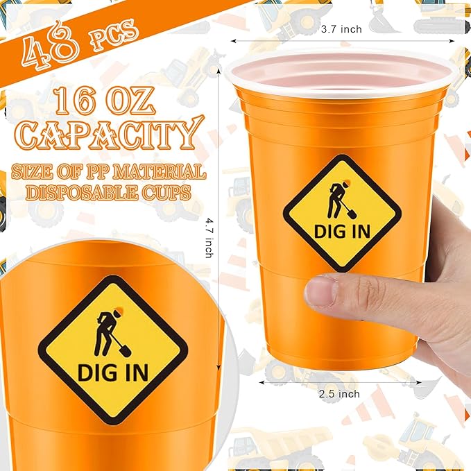 Norme 48 Pcs Construction Party Supplies Bulk 16 oz Construction Party Thick Plastic Disposable Cup Hot Cold Drink Wine Coffee for Home Holiday Party Supplies Favors