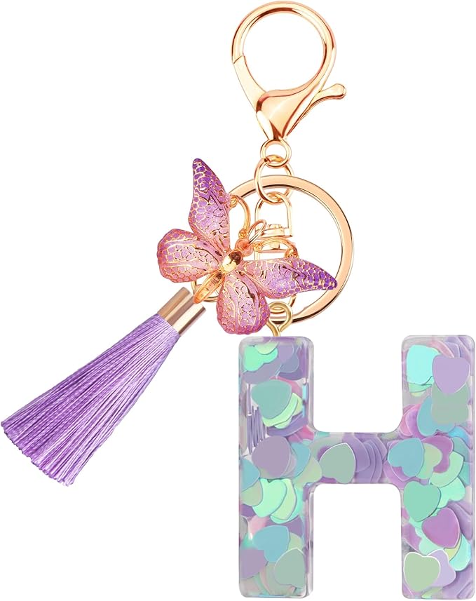 Suweibuke Colourful Cute Initial Letter Keychains for Women Girls with Tassel Butterfly, Charm for Purse Handbags Backpacks