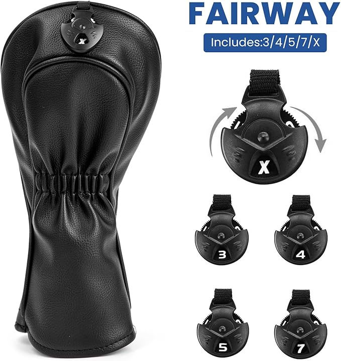 Golf Club Head Covers 3 Wood Headcover Set Premium Leather for Woods, Driver Fairway(FW) Wood Hybrid(UT) with Number Tags 4pcs & 1pcs