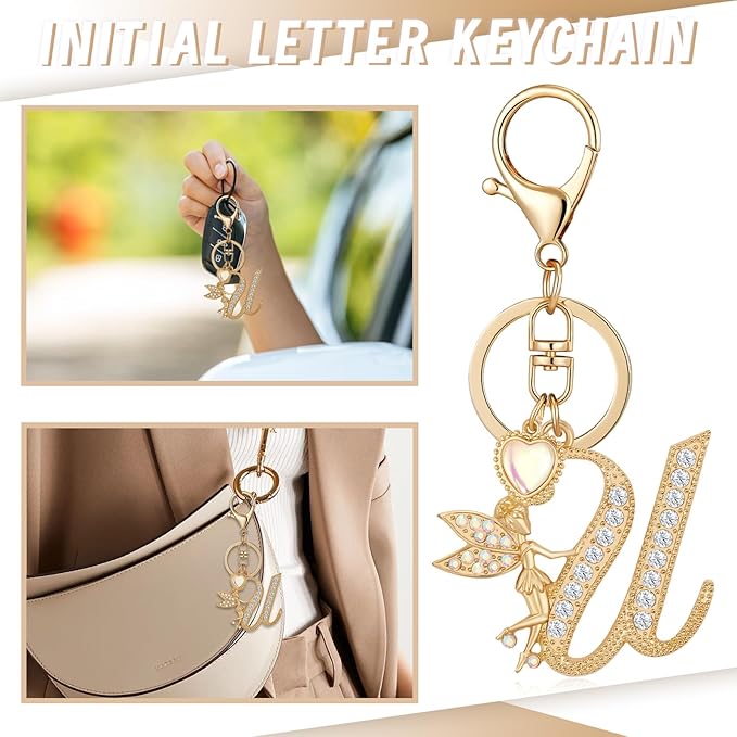 Gold Plated Alphabet Initial Letter Keyring Keychain for Women Girls Crystal Key Chains for Wallet Backpack Bag Charm