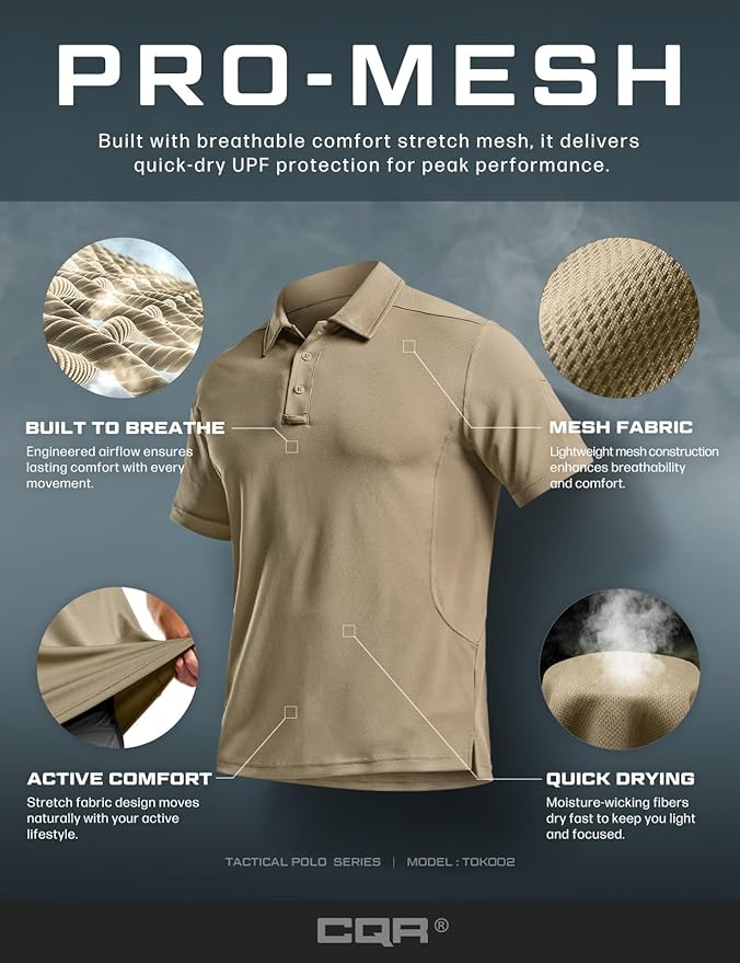 CQR Men's Polo Shirts, Tactical Short Sleeve Golf Performance Shirts, Lightweight Dry Fit UPF 50+ Pique