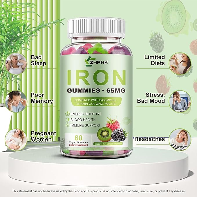 Iron Supplement for Women, Men & Kids, 65mg & Vitamin C 250mg per Serving with B6 B12 Folate- Energy Support for Iron Deficiency, Anemia, Vegan GummyRaspberry Kiwi & BlackBerry Flavor, 60 Gummies
