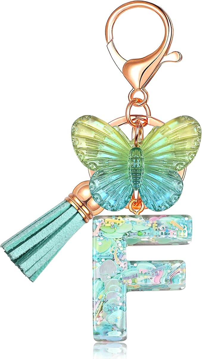 JINGUAZI Initial letter Keychains for Women Tassel Butterfly Pink Purple Cute Car Keychain for Wallet Backpack bag charm