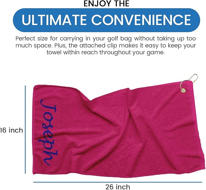 Personalized Passion Golf Towel with Embroidered Name - 16"x26" Cotton Plush Velour Golf Towels with Clip for Men and Women - Accessories Gifts for Golfers - Hot Pink