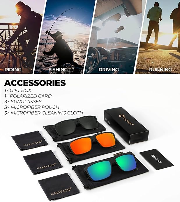 KALIYADI Polarized Sunglasses for Men and Women, Mens Sun Glasses with UV Protection for Driving Fishing Golf (3 Packs)