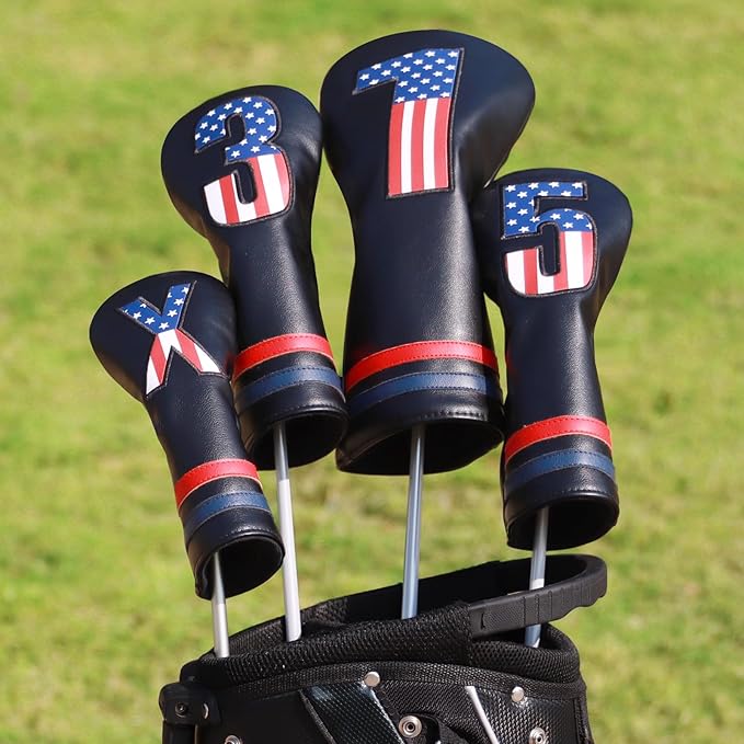 Golf Head Covers, 4pcs or 1pc USA Stars and Stripes Golf Club Covers for Woods and Driver Fairway Hybrid, PU Leather Golf Club Head Covers for Men Women with Interchangeable Tags, Fits Most Golf Clubs