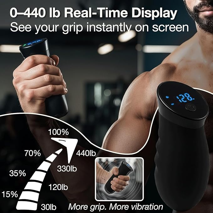 Digital Grip Strength Trainer, 0–440 lb Hand Gripper Strengthener with Real-Time Display (No Sound), 2 Modes: Test & Smart Vibration, Ergonomic Hand Grip & Forearm Strengthener, USB-C Rechargeable Hand Exerciser