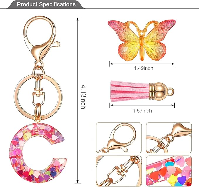JINGUAZI Initial letter Keychains for Women Tassel Butterfly Pink Purple Cute Car Keychain for Wallet Backpack bag charm