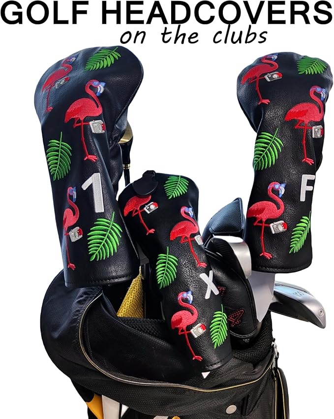 Flamingo Golf Club Headcover 3 Wood Head Cover Golf Premium（PU Leather Driver Fairway Wood Hybrid Head Cover Fits for All Brand
