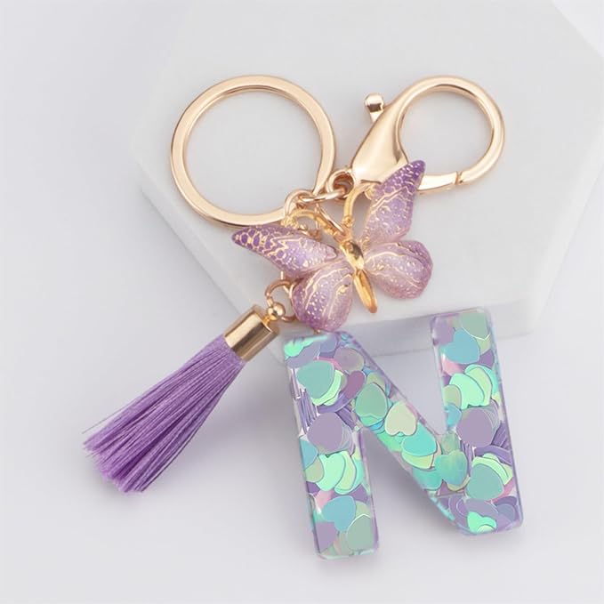 Suweibuke Colourful Cute Initial Letter Keychains for Women Girls with Tassel Butterfly, Charm for Purse Handbags Backpacks