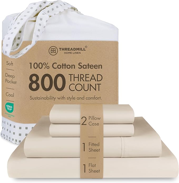 Threadmill Luxury 800 Thread Count Full Size 100% Cotton Sheets - Light Beige Sateen Weave Bed-Sheets, Better Than Egyptian Cotton, 4 Pc Solid Bedding Set, Fits 16" Deep Pocket
