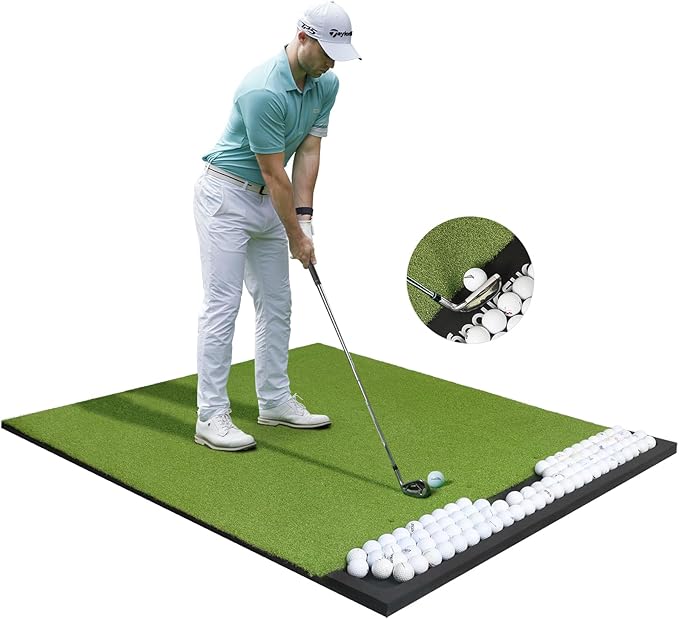 Integrated 5x4ft 6x4ft & 6x5ft 26mm-31mm Golf Mat with Ball Tray, Thickening Golf Mats Practice Outdoor & Indoor Artificial Turf Matt with 3 Tees
