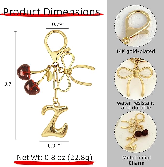 Gold Bubble Heart, Cherry, Bow & More Designs Letter Initial Keychain Bag Charms – Cute Purse Charms for Handbags