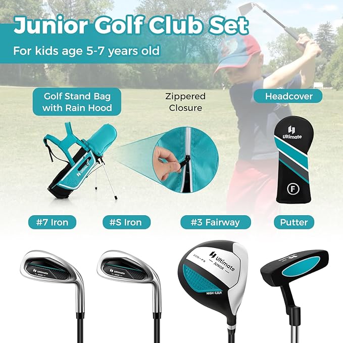 Goplus Junior Complete Golf Club Set for Kids, Right Hand Golf Clubs with Stand Bag, Rain Hood, Golf Practice Set for Ages 5-7,8-10,11-13 Boys Girls