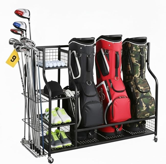 4-in-1 Golf Bag Storage Organizer,Extra Large Capacity Golf Storage Rack Holder for Garage & Basement, Heavy Duty Golf Club Storage Stand Holds Golf Bags, Clubs, Balls & Golf Equipment Accessories