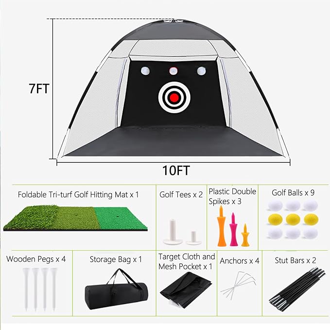 Golf Net, 10x7ft Golf Practice Net with Foldable Tri-Turf Mat, Hitting Chipping Swing Training for Backyard & Outdoor & Indoor with Ball, Tee, Target, Carry Bag, Gift for Men Dad Husband & Golfers