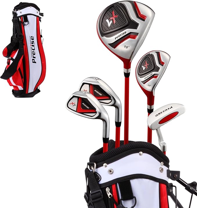 Precise X7 Kids Golf Clubs Set – Boys’ & Girls’ Junior Golf Set with Lightweight Graphite Shafts, Hybrid, Putter & Stand Bag
