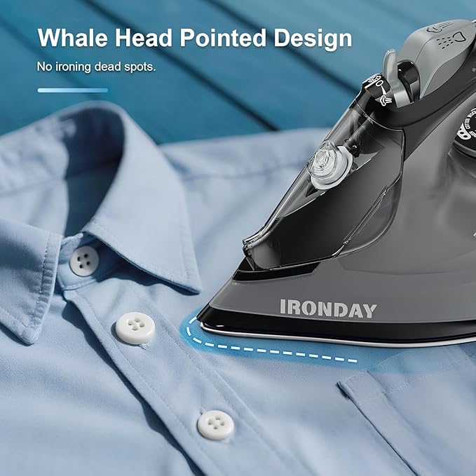 Steam Iron for Clothes, 1800W with 20.28oz Water Tank,Ceramic Soleplate,3-Way Auto-Off, 20s Fast Heat-up,Burst of Steam, Precision Tip,Self-Clean, Anti-Calc, Vertical Steamer for All Fabrics